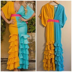 L’Atiste by Amy Colorblock Ruffle Maxi Dress – NWT Resort Evening Statement Gown
